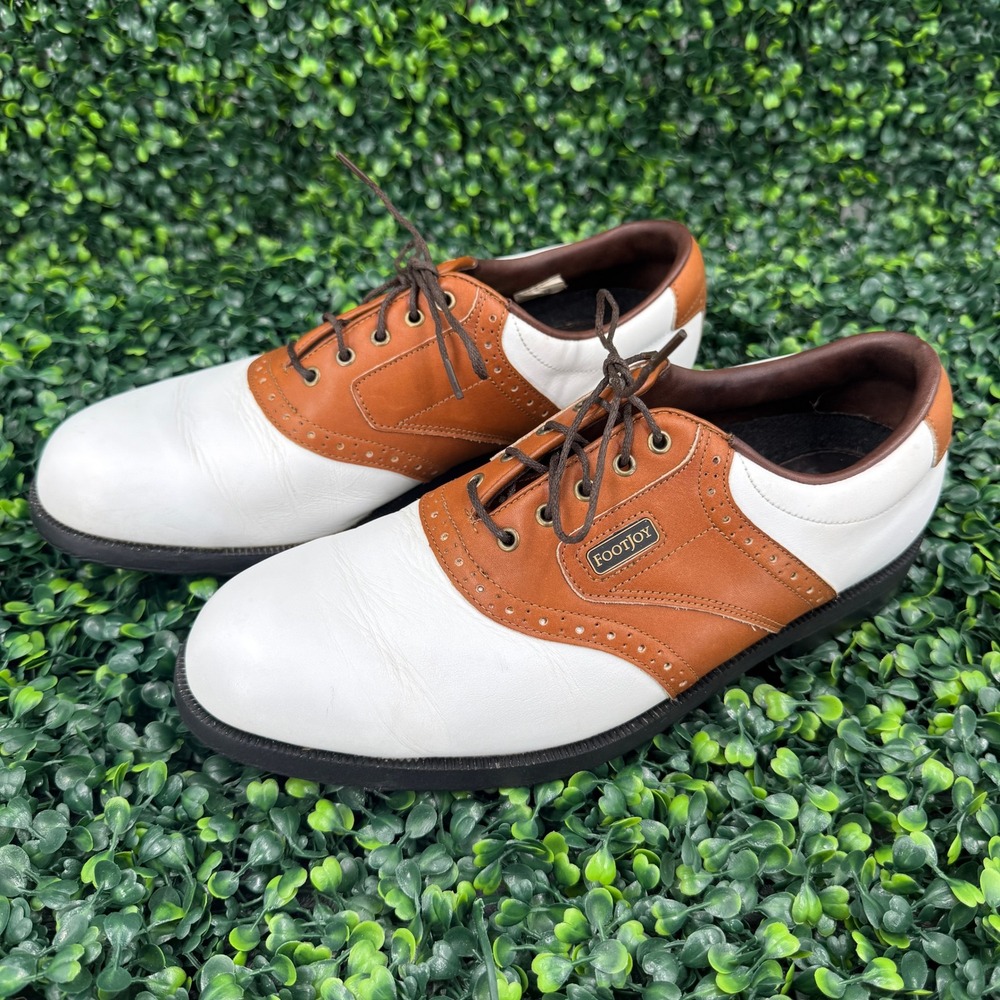 FootJoy DryJoys Mens 9 M White Brown Leather Saddle Golf Shoes 53576 Spiked